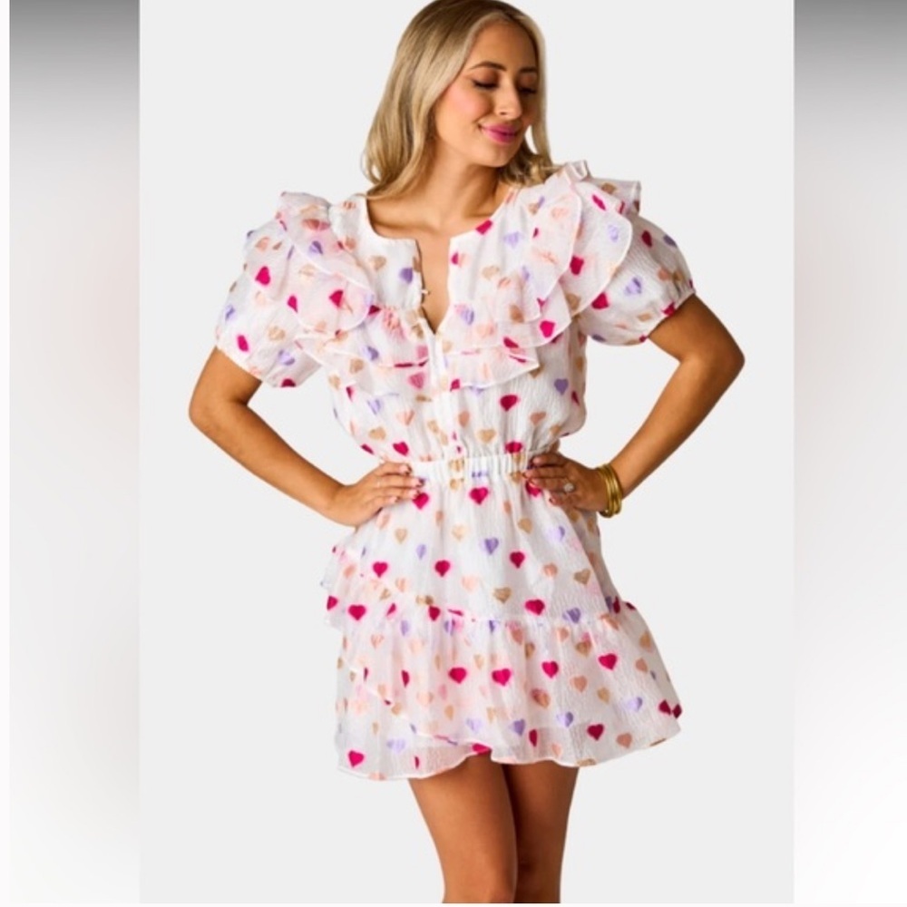 Buddy Love Norma Ruffle Short Dress Kissing Booth Heart Print White Pink